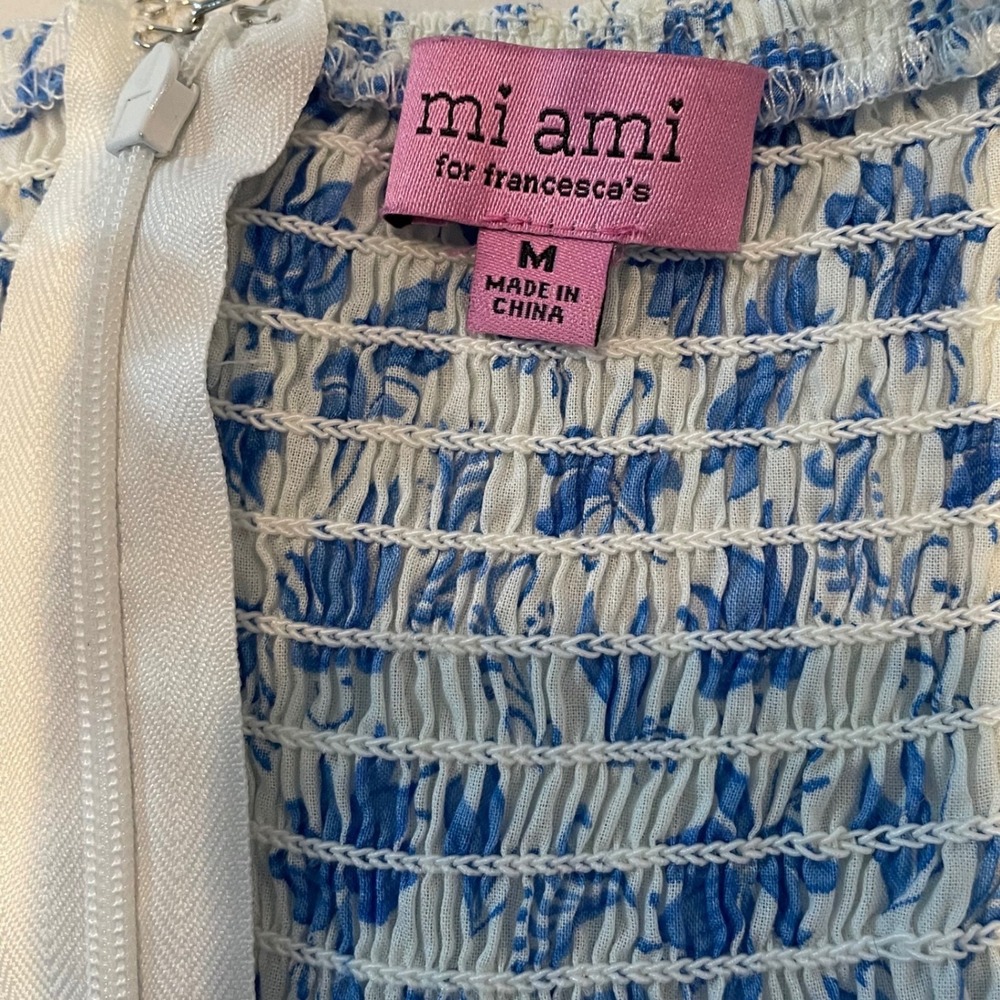 Francescas Mi Ami Blue Floral Ruffle Tiered Mini Dress Spaghetti Strap Smocked M - Picture 3 of 6